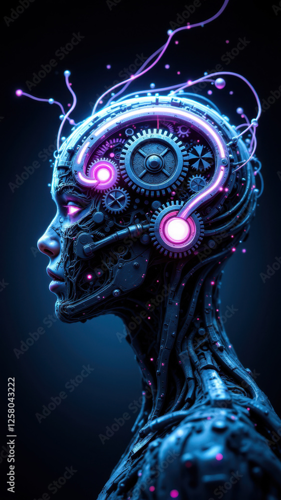 Poster a futuristic ai humanoid with glowing circuitry and thought bubbles emanating from its brain.