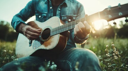 Obraz premium A captivating image of an acoustic guitarist playing among vibrant fields during sunset, embodying tranquility and an appreciation for nature's spectacular moments.