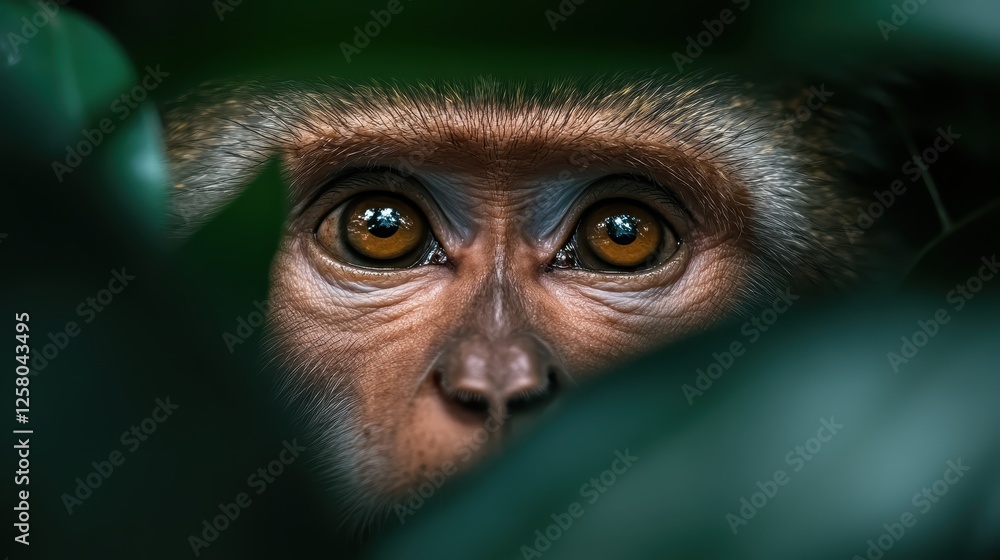 Poster a striking close-up of a monkey's face peering through leaves with intent and curiosity, capturing t