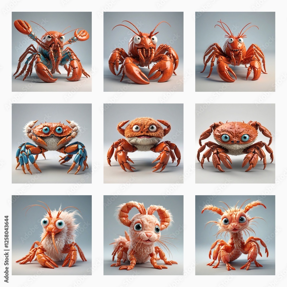Aufkleber cute 3d monsters, resembling crabs with big eyes and cartoonish features, are displayed in a grid fo