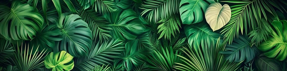 Lush Foliage Background, Tropical Leaves, Anthurium, Epiphytes And Ferns In A Green Plant Wall