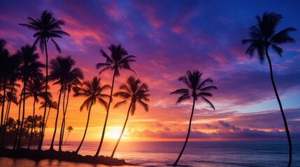 hues palm trees sunset ocean