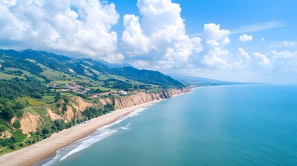 Obraz premium Stunning Aerial View Coastal Cliffs Sandy Beach Ocean Landscape