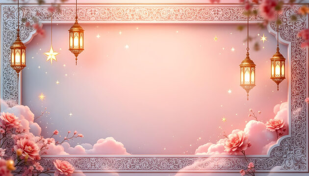 A beautifully designed Ramadan Kareem invitation card with a dark green background, glowing golden lanterns, and symmetrical floral motifs. The central blank space allows for inserting quotes, prayers