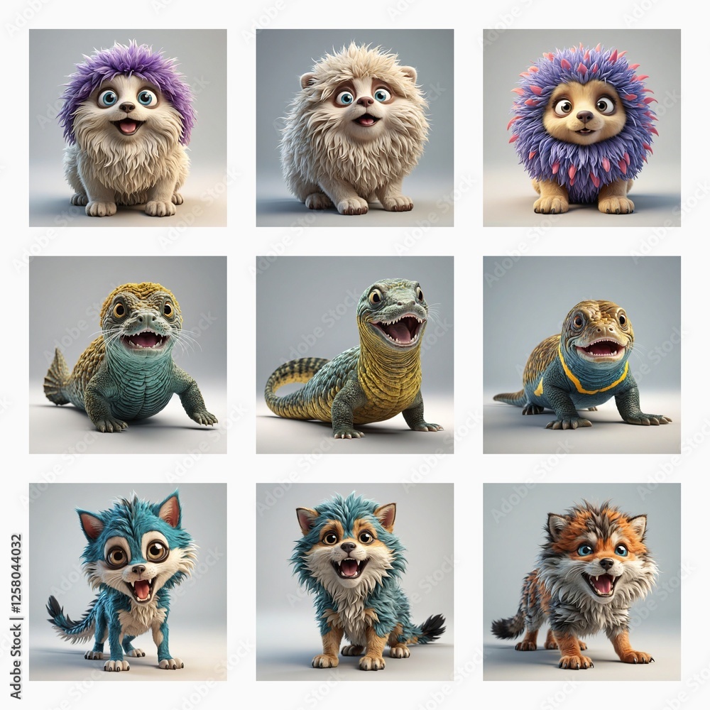 Poster Nine adorable, cute 3D monsters are in a grid. Each showcases unique textures and colors, creating a charming and playful collection.