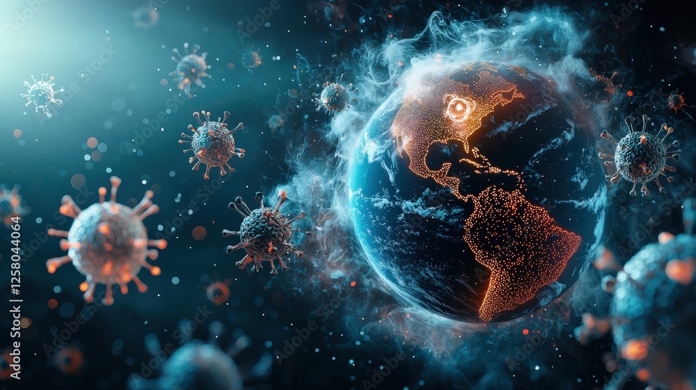 Poster a symbolic image of a globe surrounded by smog and air-purifying icons.