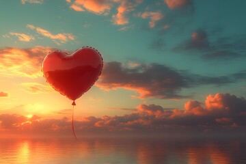 Obraz premium Heart-Shaped Balloon Floating at Sunset Over Tranquil Ocean for Romantic Decor