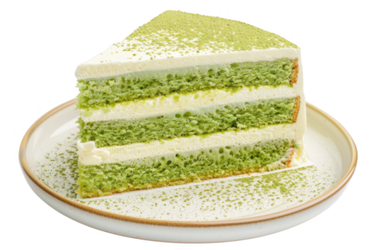 Layered green cake slice with creamy frosting on a white plate.
