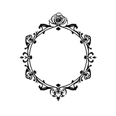 Ornamental black and white artistic circle with a rose on the top and intricate foliate patterns.