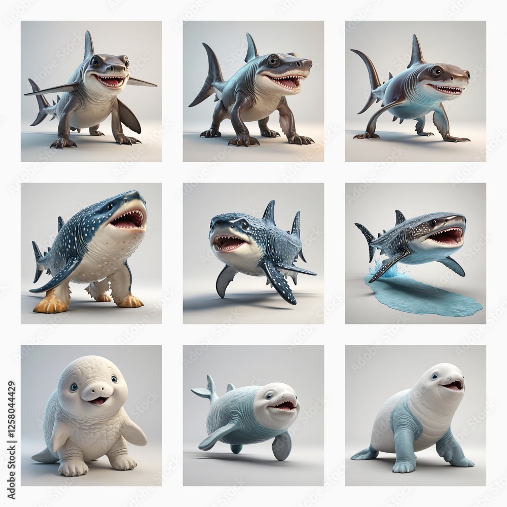 Poster cute 3d monsters with shark fins and dog-like faces. some have seal bodies, others shark-like. they 