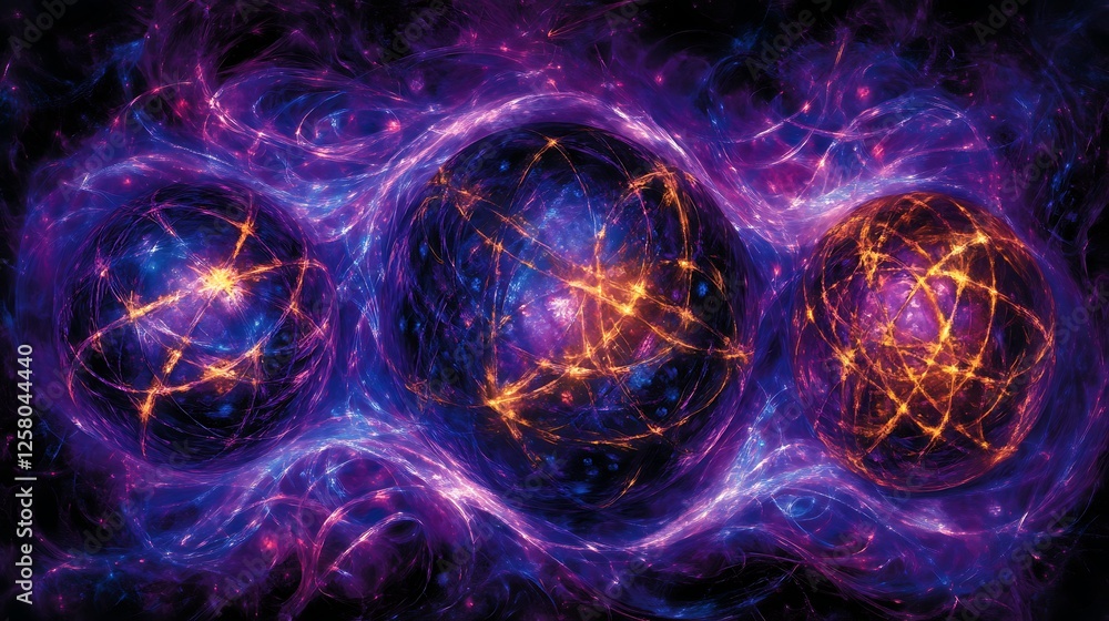 Poster cosmic spheres network of interconnected energy fields across the universe abstract concept art