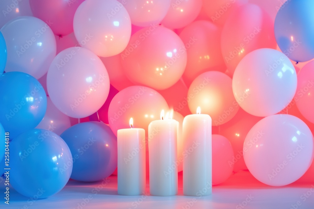Aufkleber Festive birthday table with glowing candles and colorful balloons creating a joyful atmosphere for celebration. Generative AI