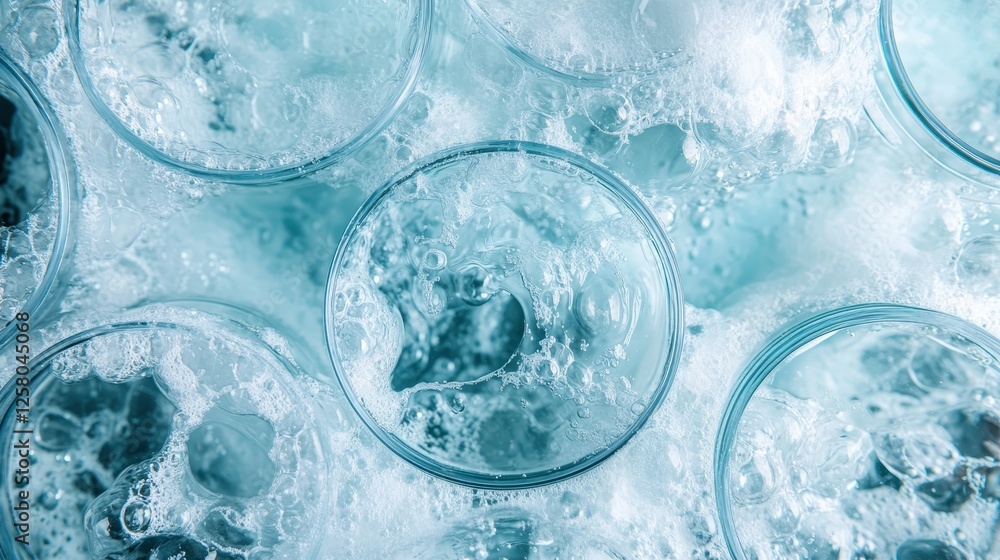 Poster a captivating view of crystal clear bubbles floating in a foamy water surface, showcasing the intric