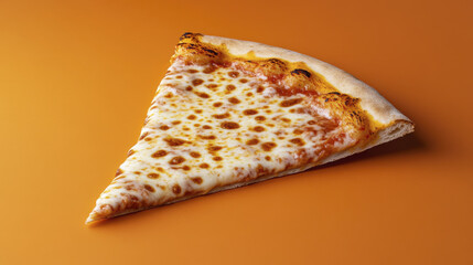 Delicious slice of cheese pizza on vibrant orange background, showcasing melted cheese and crispy crust