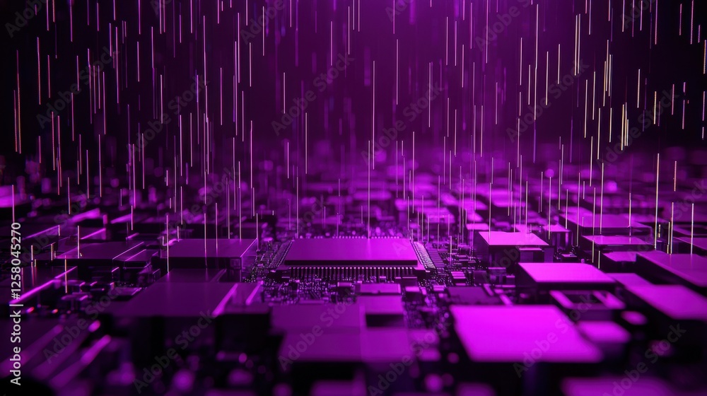 Poster abstract technology background with purple rain of data streams