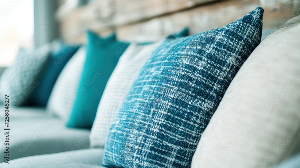 Poster an artistic display of blue and patterned decorative pillows on a couch, creating an inviting atmosp