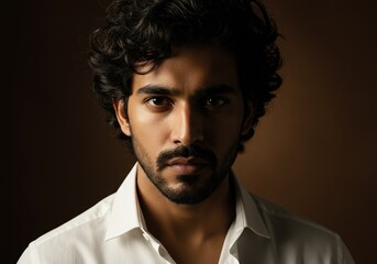 Obraz premium Thoughtful Portrait of a Young Man in a White Shirt with Dramatic Lighting, Perfect for Emotional Storytelling and Personal Branding.