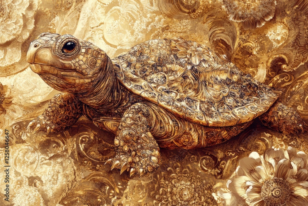 Poster elaborate golden turtle resting on ornate floral patterned background in a serene and vibrant settin