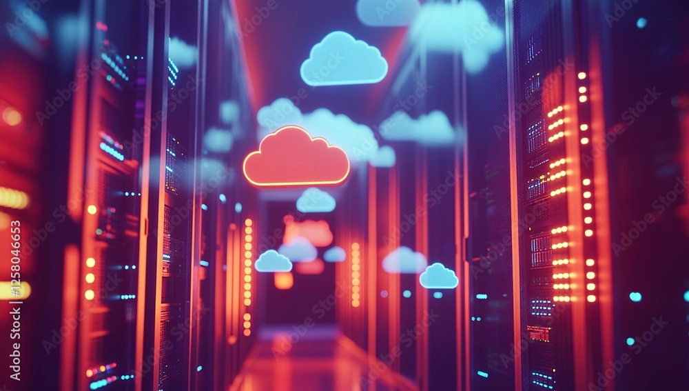 Poster exploring cloud computing: data centers, servers, and network infrastructure, illuminated with neon 
