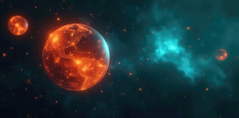 Fototapeta premium Orange and blue glowing orbs suspended in the darkness of space, green, blue