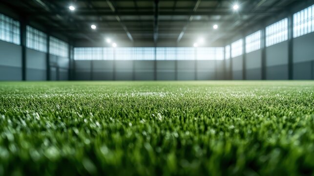 An indoor green turf space under bright stadium lights, suggesting a versatile venue for various sports and activities, brimming with potential and excitement.