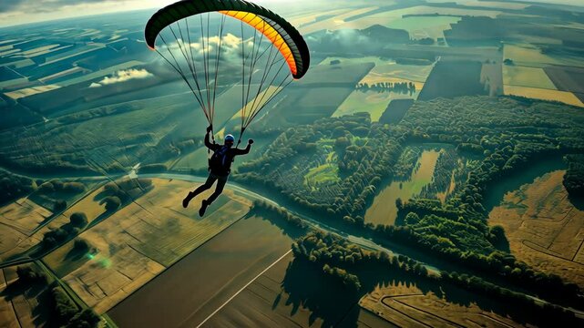 Skydiver with open parachutes, jumping from airplane, free fall, flying in sky, person falling, active extreme sport. Parachutist man. Beautiful aerial landscape.
