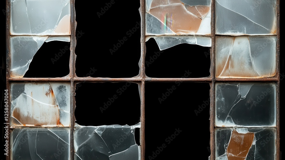 Poster this photo depicts a rustic window with multiple fractured glass panes, encapsulating a sense of nos