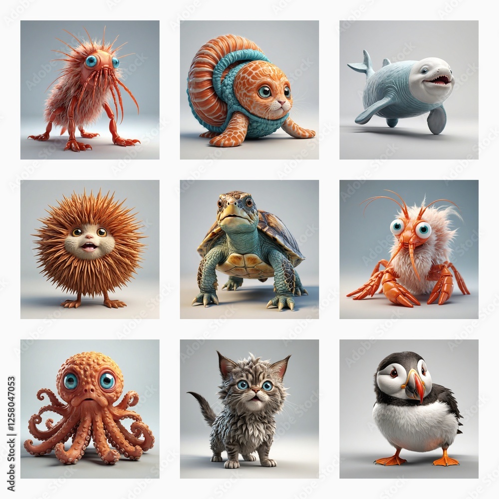 Poster Nine cute 3D monsters in a grid. They are colorful and varied, showcasing different animalistic features in a playful style.