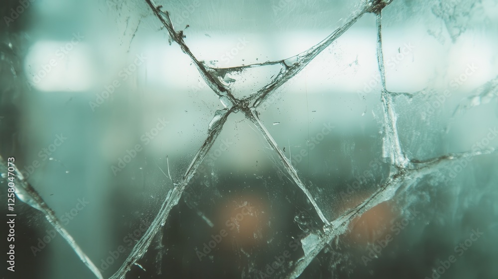 Poster this image showcases a close-up view of broken glass, revealing intricate patterns and textures, evo