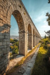 Fototapeta premium the stone aqueduct in Istanbul, with the arches stretching across the landscape and framed by a clear sky and vibrant city life.