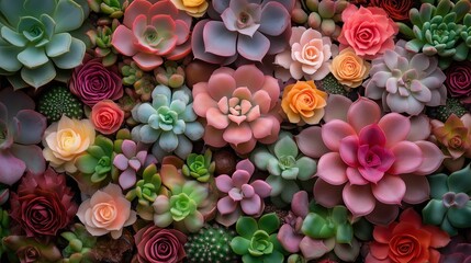 From above, cactus succulents in a planter, with color background. 1
