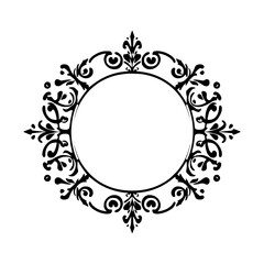 Elegant black and white circular floral frame in a design, frame with a central circle and decorative black outline.
