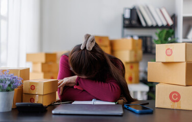 Small Business, Startup SME, Owner Entrepreneurs. Asian woman with unsuccess business online shopping crying and serious face unhappy mood,SME telemarket bankrupt stress concept.