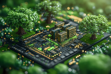 A digital artwork depicting a futuristic cityscape with blockchain technology elements blending seamlessly with traditional finance buildings.
