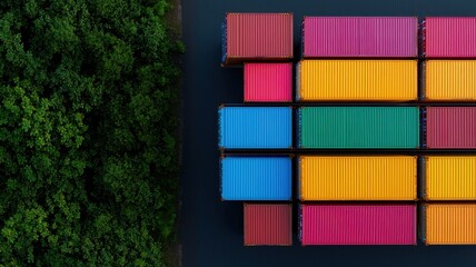 Obraz premium Aerial view of colorful shipping containers arranged near lush greenery, showcasing vibrant hues and organized stacking.