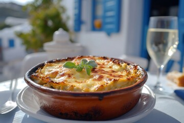 Traditional greek moussaka with glass of white wine on table outdoors