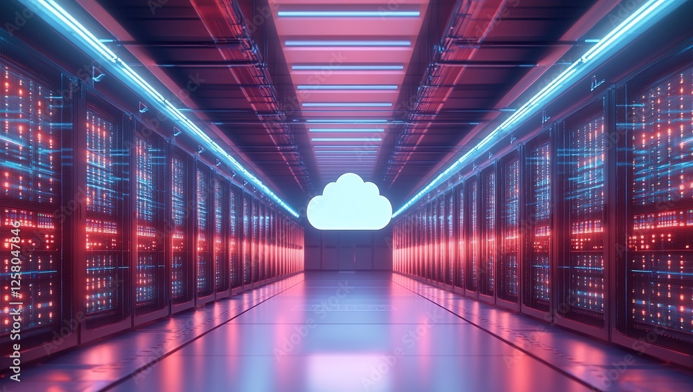 Poster exploring the futuristic server room: data storage and cloud technology in action