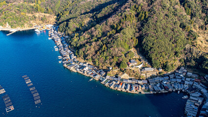 Aerial View of Coastal Fishing Village and Floating Fish Farms, Ine Bay, Kyoto, Japan