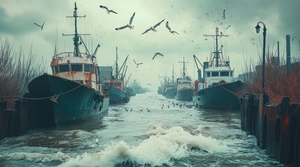 Obraz premium Rustic fishing boats, stormy sea, flying birds.