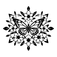 Fototapeta premium Black & White Butterfly: A floral mandala, centered, composed of flowers and butterfly.