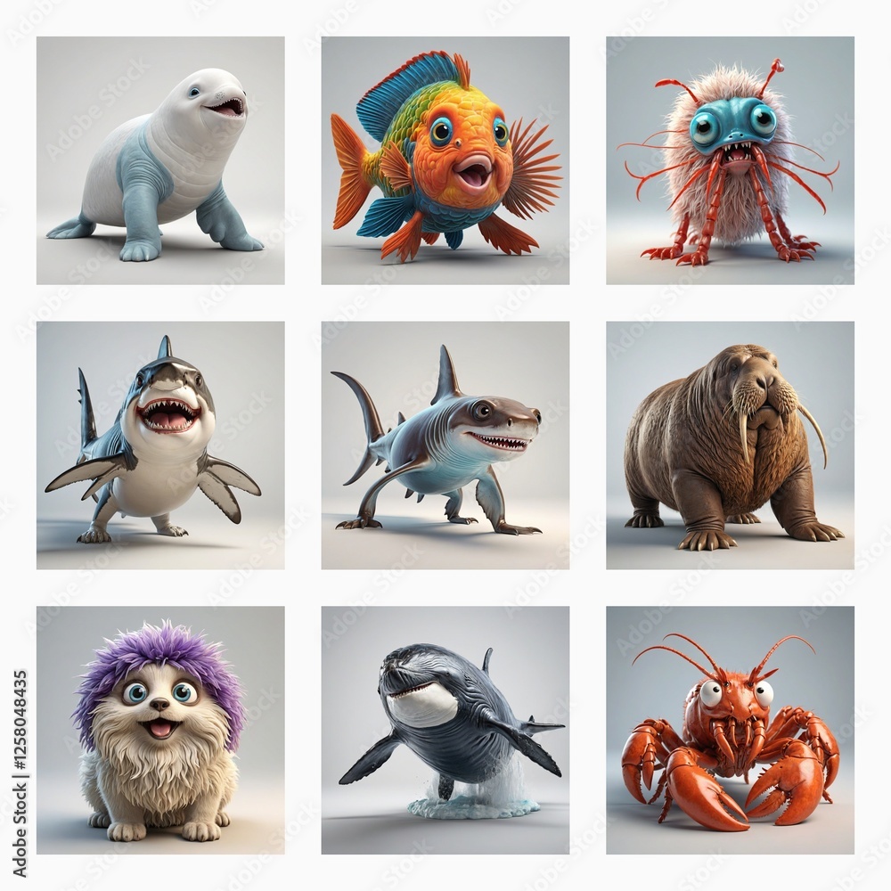 Poster a grid of nine images showcasing various cute 3d monster animals. each creature is unique and cartoo