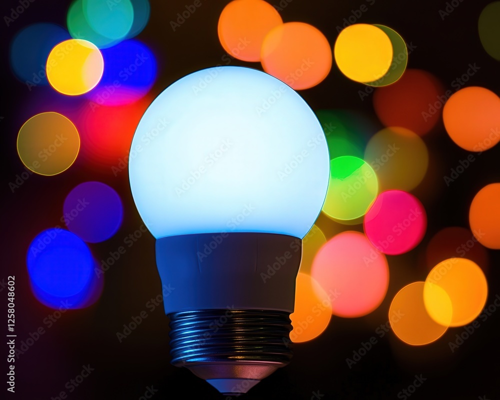 Poster a bulb illuminated in the dark, with a colorful bokeh effect in the background, highlighting the sha