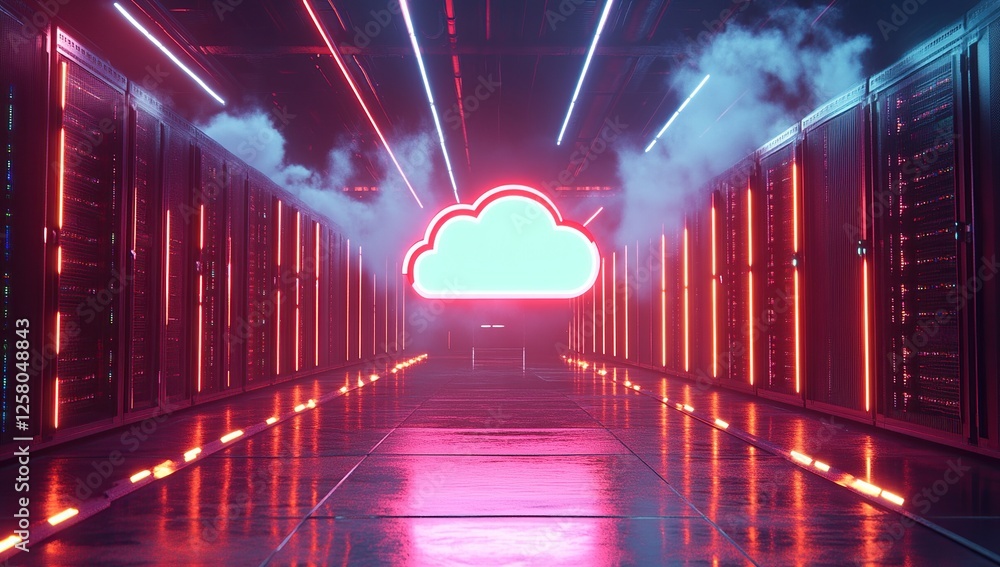 Poster exploring the cloud server network: a futuristic data center journey with neon lights and digital in
