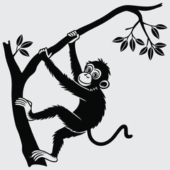  A monkey swinging from a tree branch silhouette design art with illustration © Shahanaz