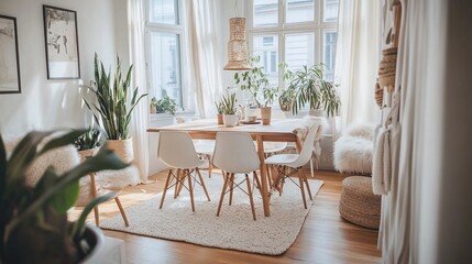 Bright, airy dining room with plants, wooden table, and white chairs.