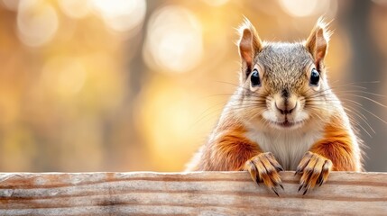 This image captures an endearing squirrel with a gentle expression, resting its paws on a wooden fence, befriending nature and evoking warmth and connection to wildlife.