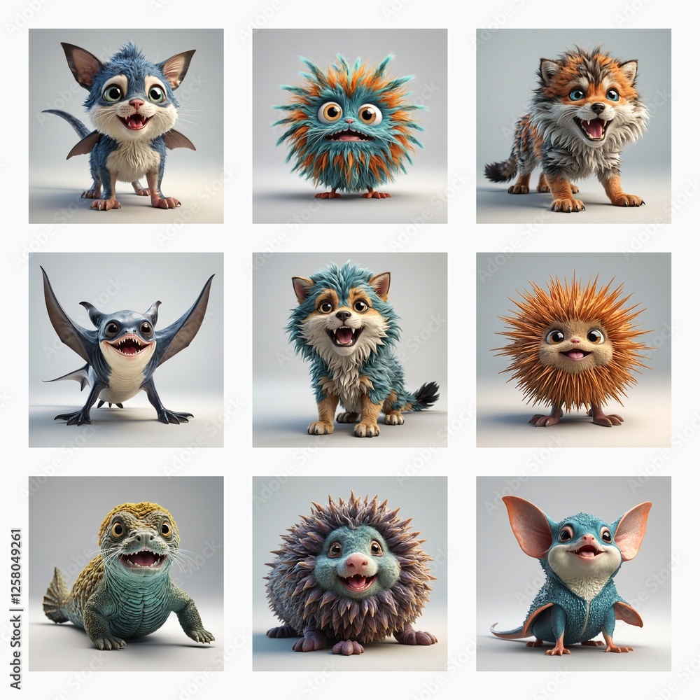 Aufkleber Nine cute 3D monsters with varied textures and colors are showcased in a grid. They have expressive faces and unique features, creating a whimsical collection.