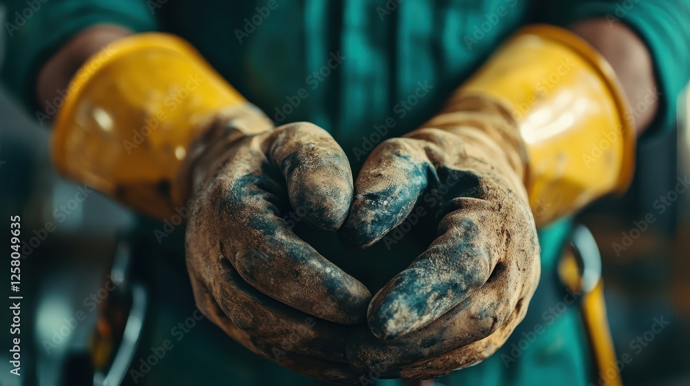 Poster a close-up of a worker's dirty hands holding tools, showcasing the grit and determination inherent i