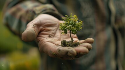 photograph of Close-up of a gardener tending a small tree. carefully in the garden A farmer holds a small sapling in his hand.