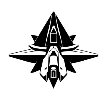Spacecraft icon in black and white, featuring a stylized, geometric design of a spaceship, emphasizing sharp angles and futuristic aesthetics.